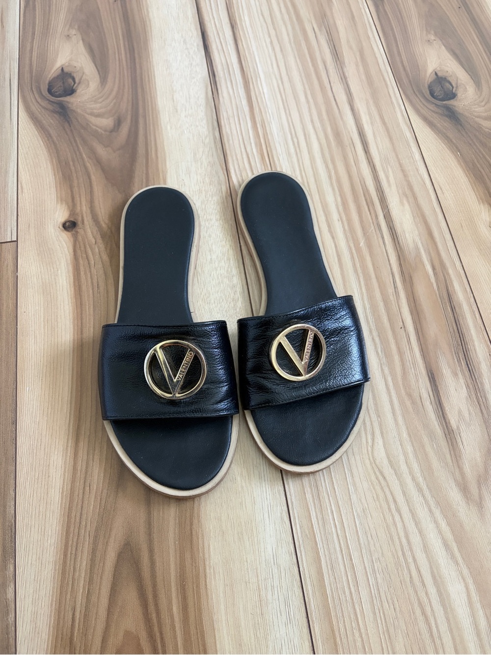 Valentino by Mario Valentino Black Slide Sandals with Gold Logo Accent, bugola